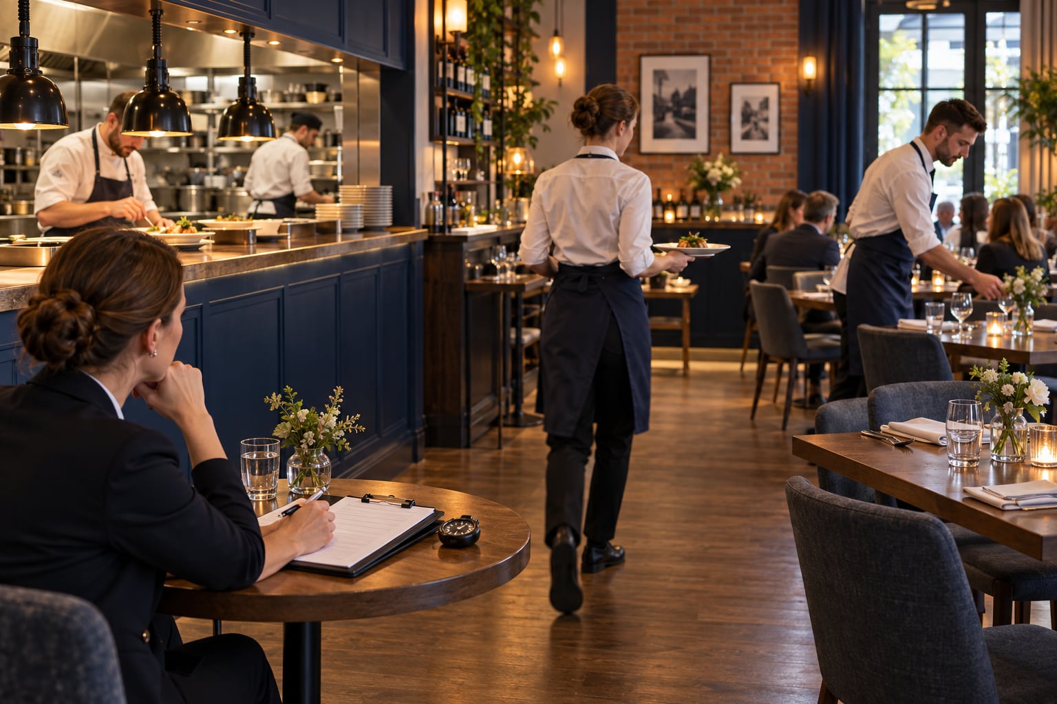 Audytor obserwuje próbę serwisu, pracę wydawki i trasy zespołu w restauracji