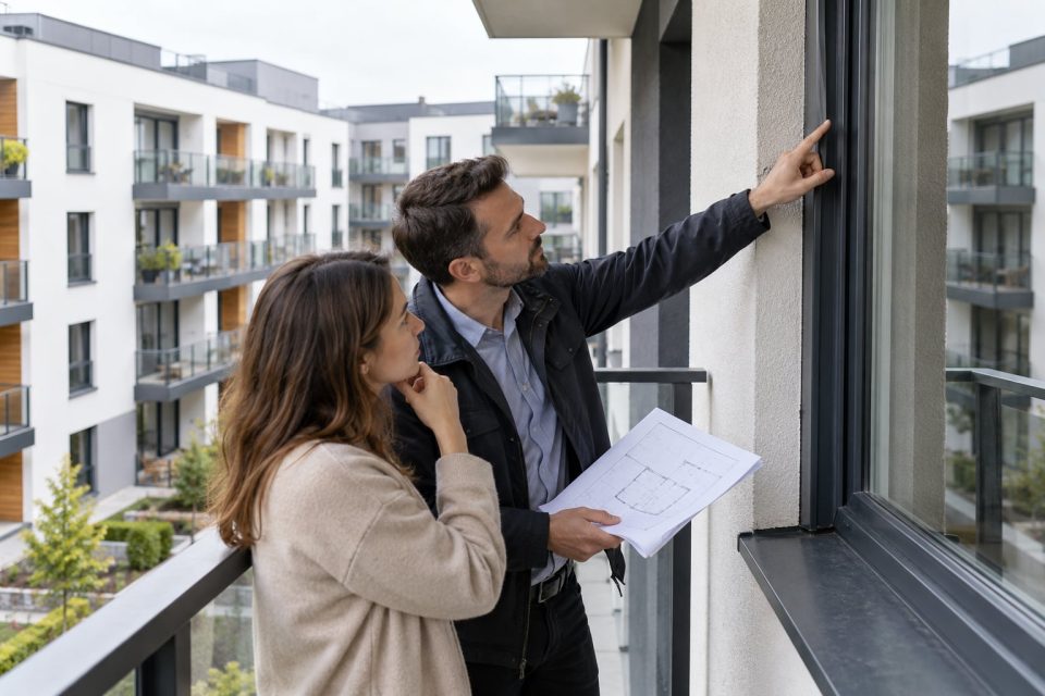 Oględziny okna, balustrady i połączenia balkonu z elewacją