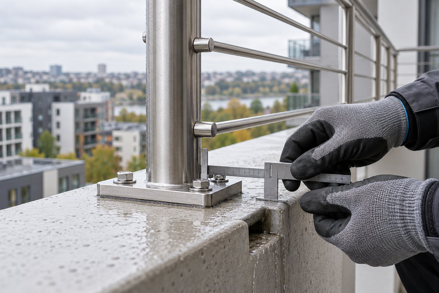 Kontrola mocowania balustrady nierdzewnej na balkonie