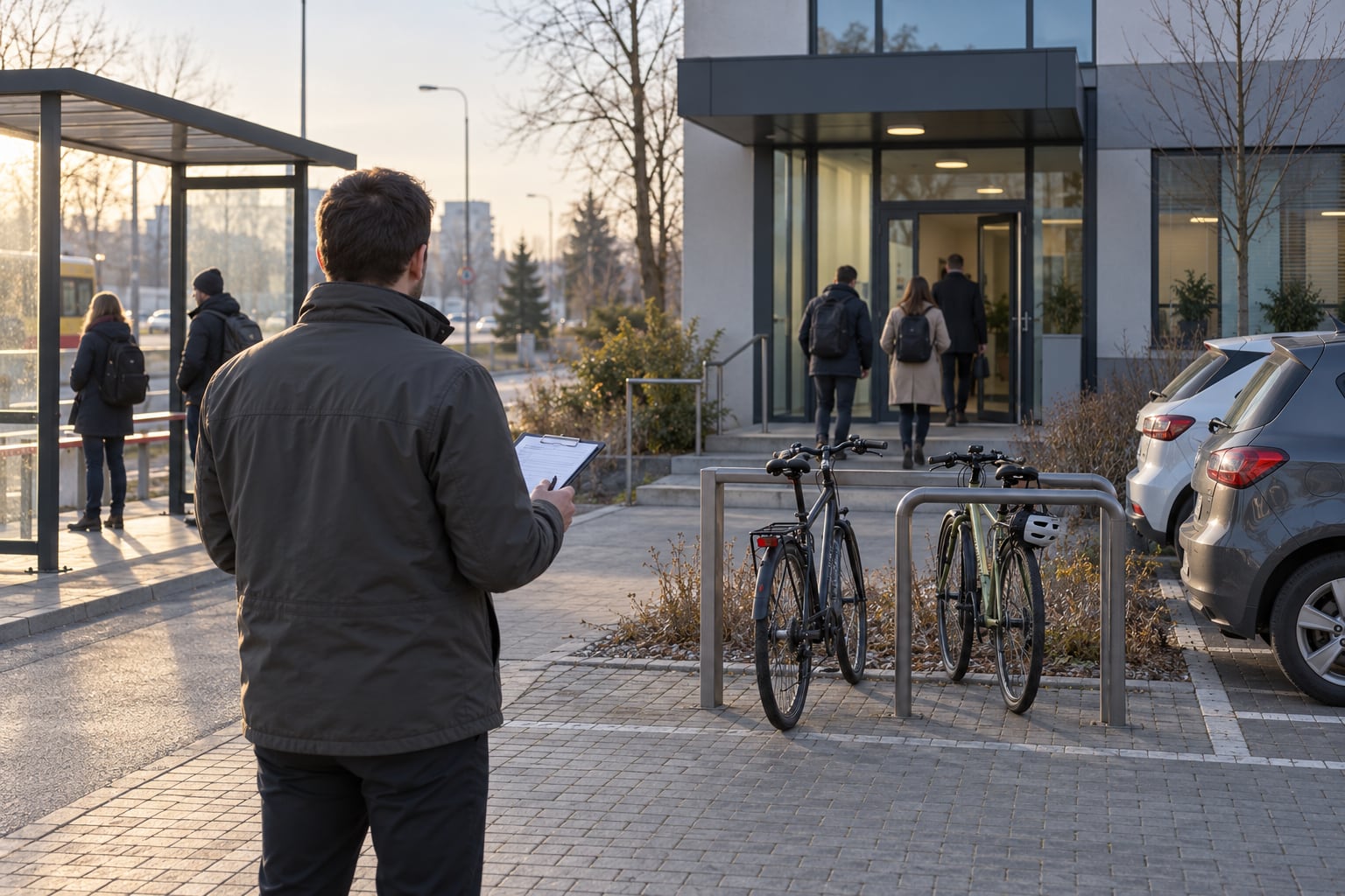 Audyt dojazdu do siedziby firmy z parkingiem, przystankiem i stojakami rowerowymi