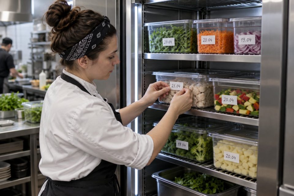 Pracownik kuchni oznacza pojemniki gastronomiczne w uporządkowanej chłodni