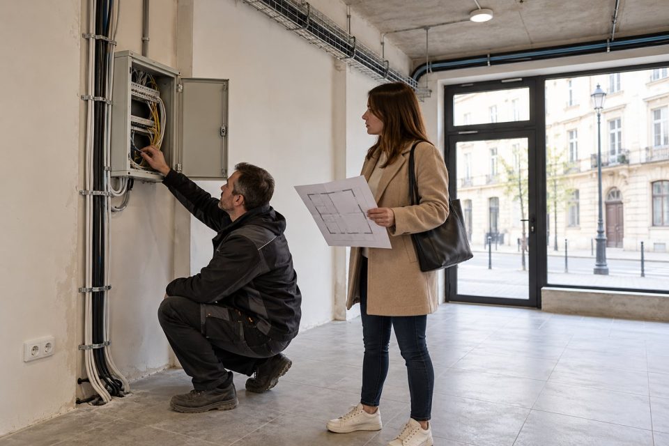 Technik sprawdza wejście kabla i szafę telekomunikacyjną w pustym lokalu usługowym