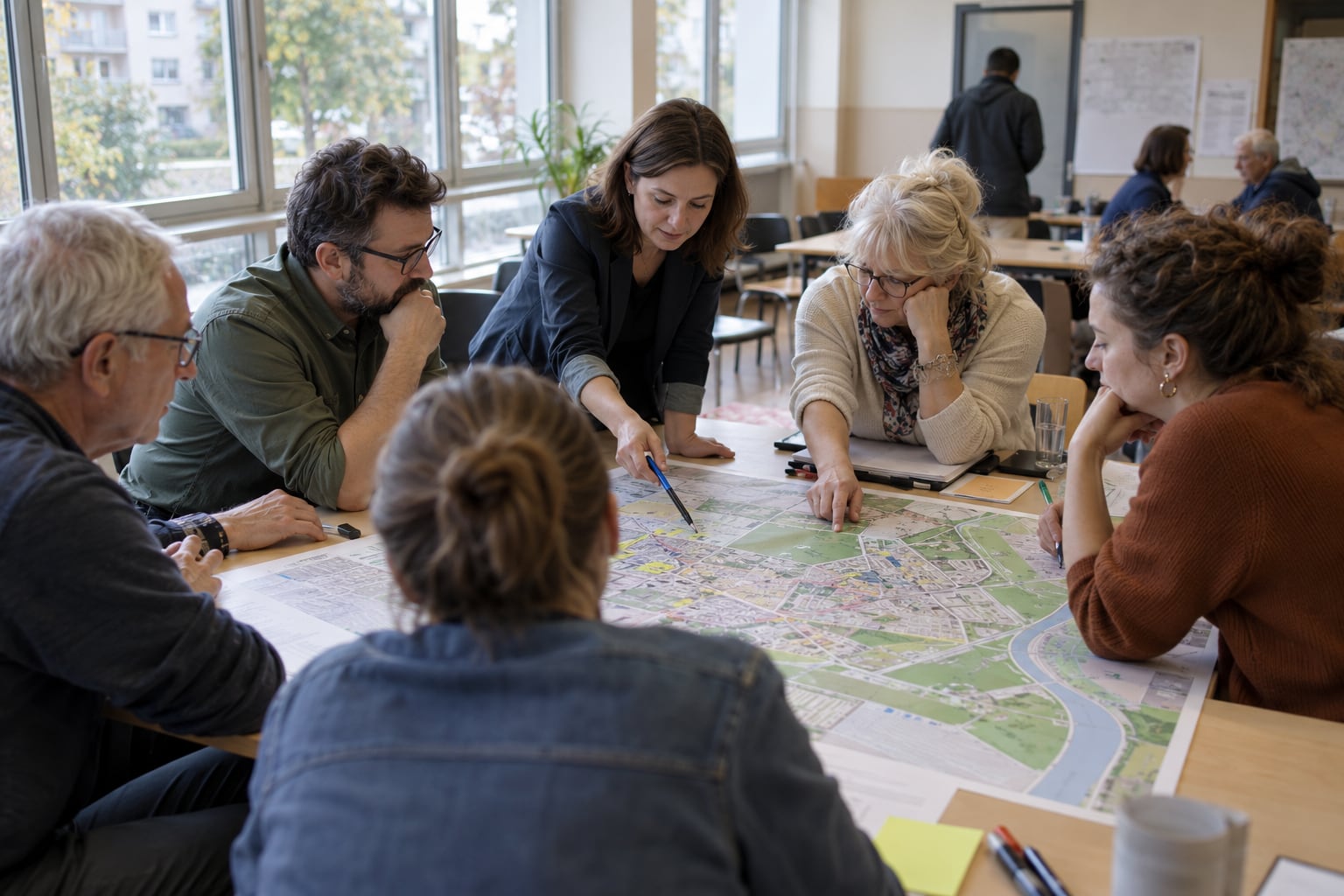 Mieszkańcy omawiają mapę podczas konsultacji planistycznych