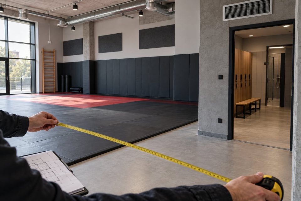 Pomiary pustej sali sportowej z matami i instalacją wentylacyjną