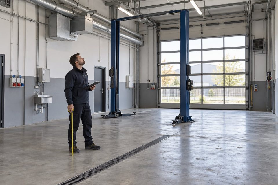 Oględziny posadzki, podnośnika i instalacji w lokalu warsztatowym