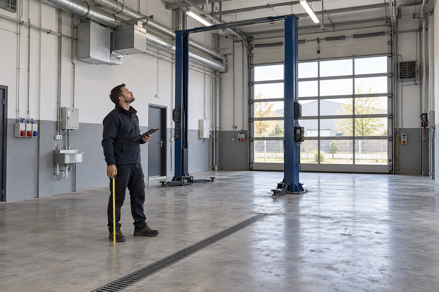Oględziny posadzki, podnośnika i instalacji w lokalu warsztatowym