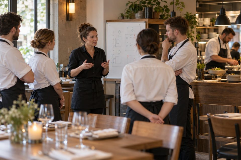 Manager prowadzi odprawę zespołu przed próbą serwisu w restauracji