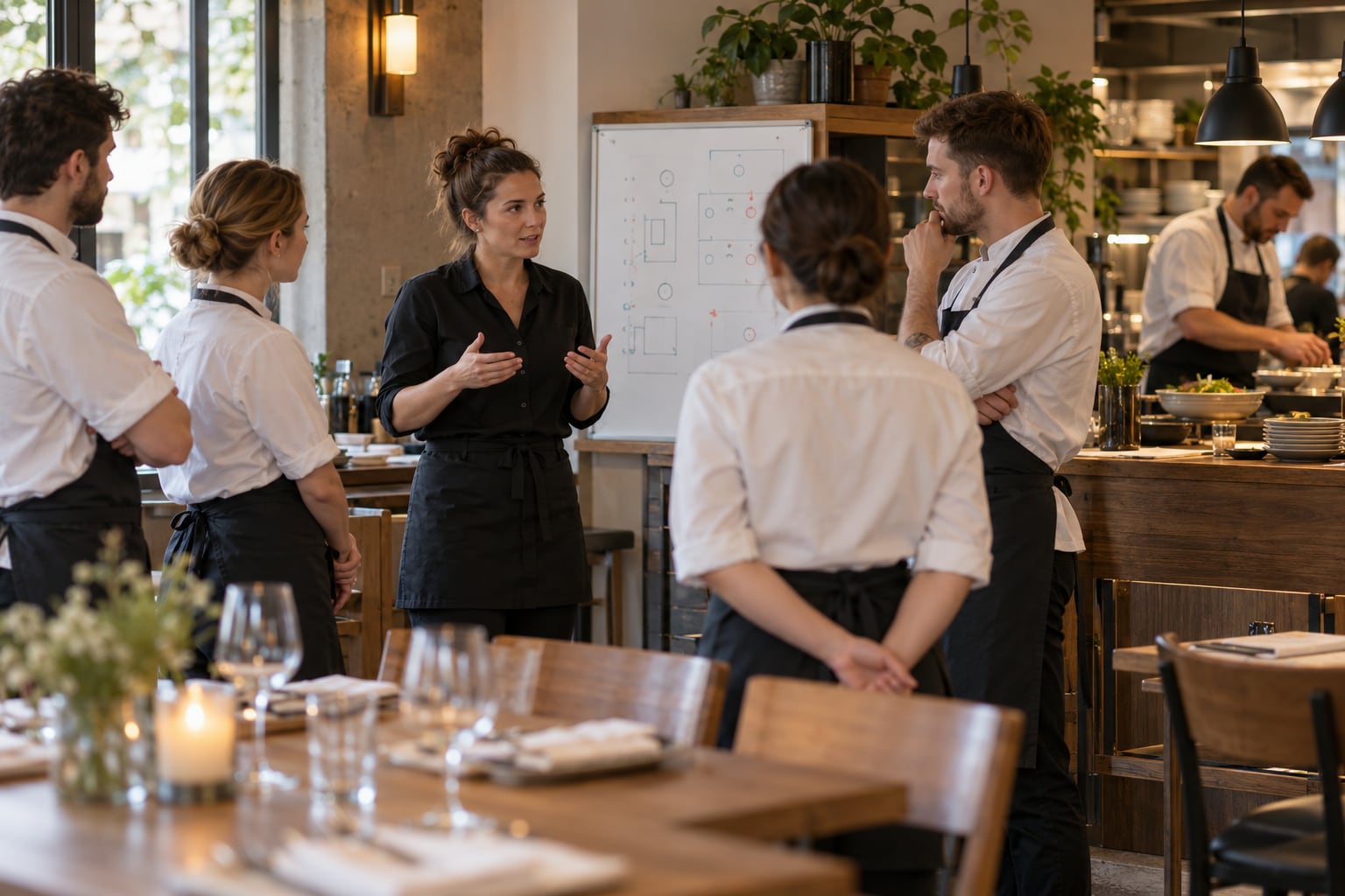 Manager prowadzi odprawę zespołu przed próbą serwisu w restauracji