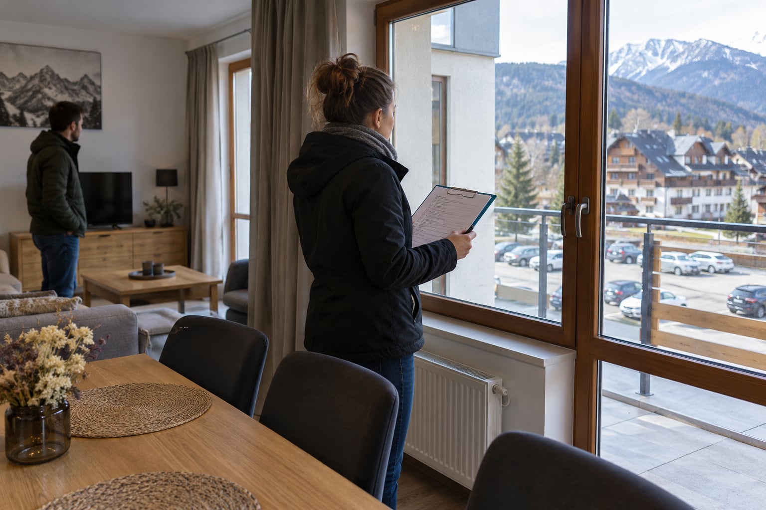 Oględziny apartamentu, parkingu i otoczenia w górskiej miejscowości