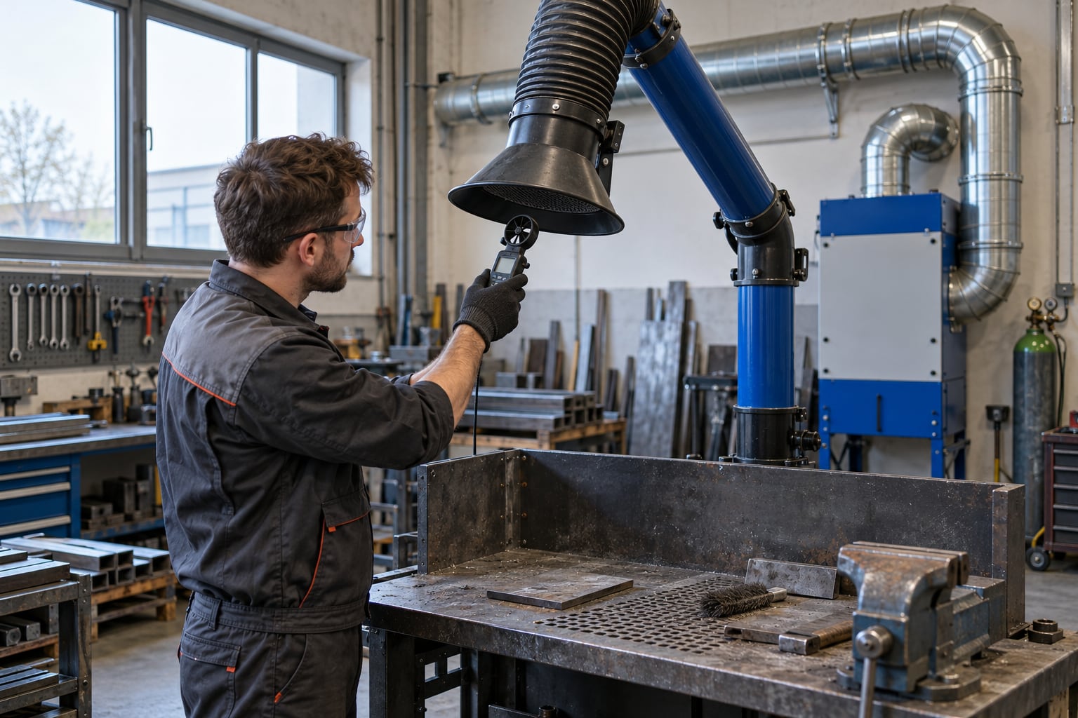 Technik sprawdza ramię odciągowe nad stanowiskiem warsztatowym