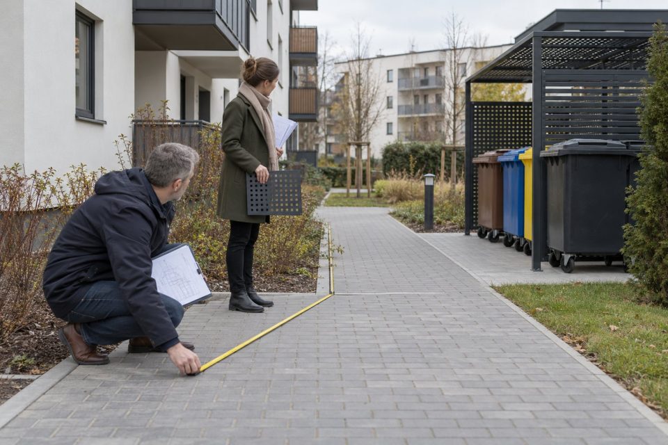 Pomiar dojścia i miejsca na osłonę pojemników przy budynku mieszkalnym