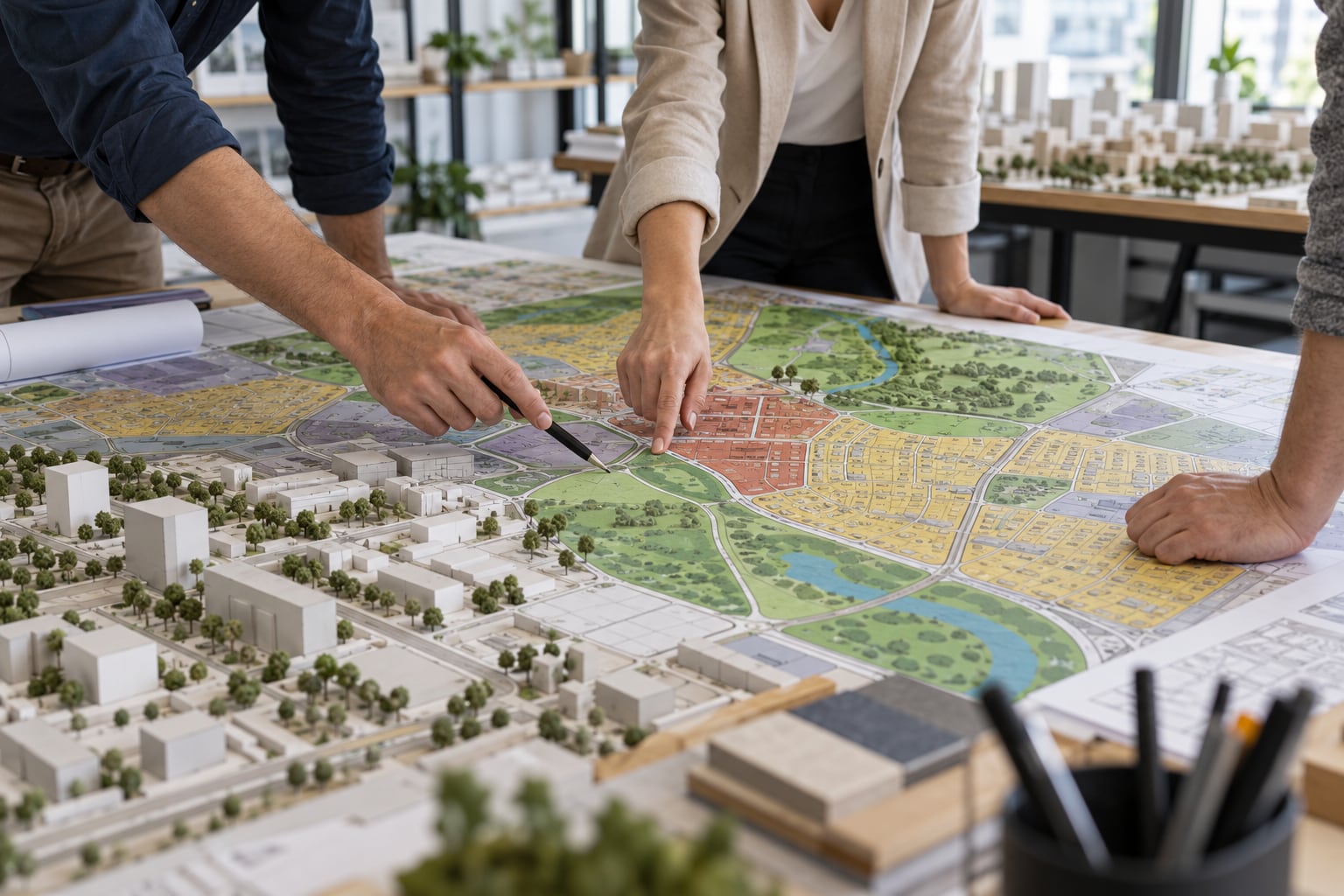 Mapa stref planistycznych i makieta miejskiej zabudowy