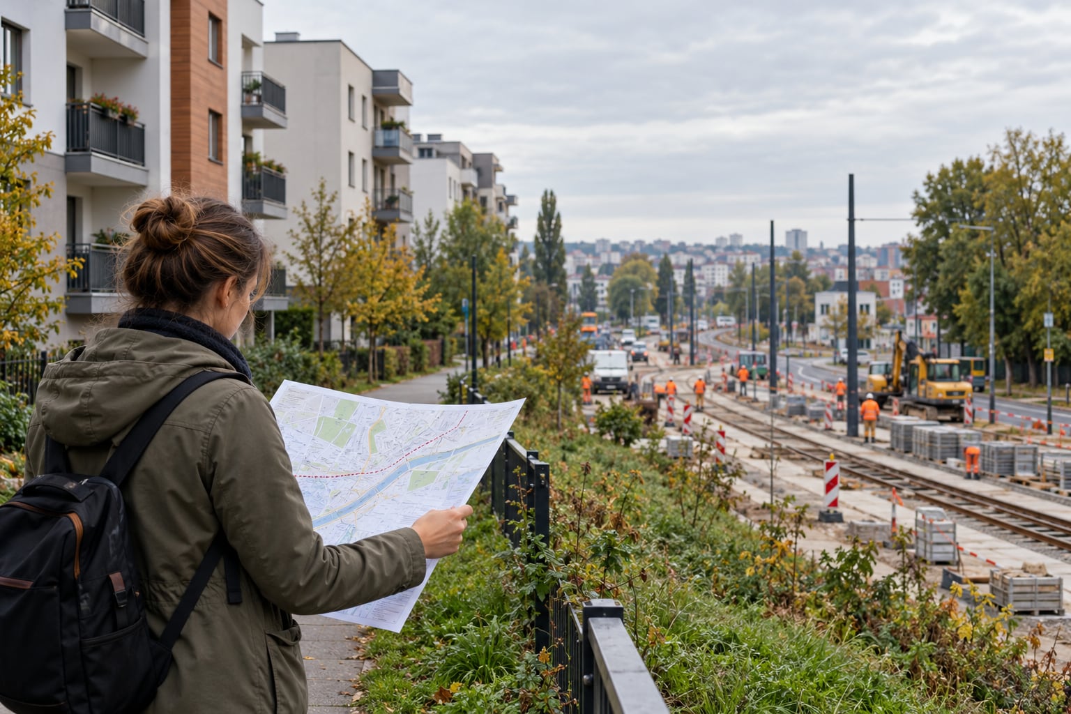 Mieszkaniec obserwuje przygotowanie miejskiej inwestycji transportowej