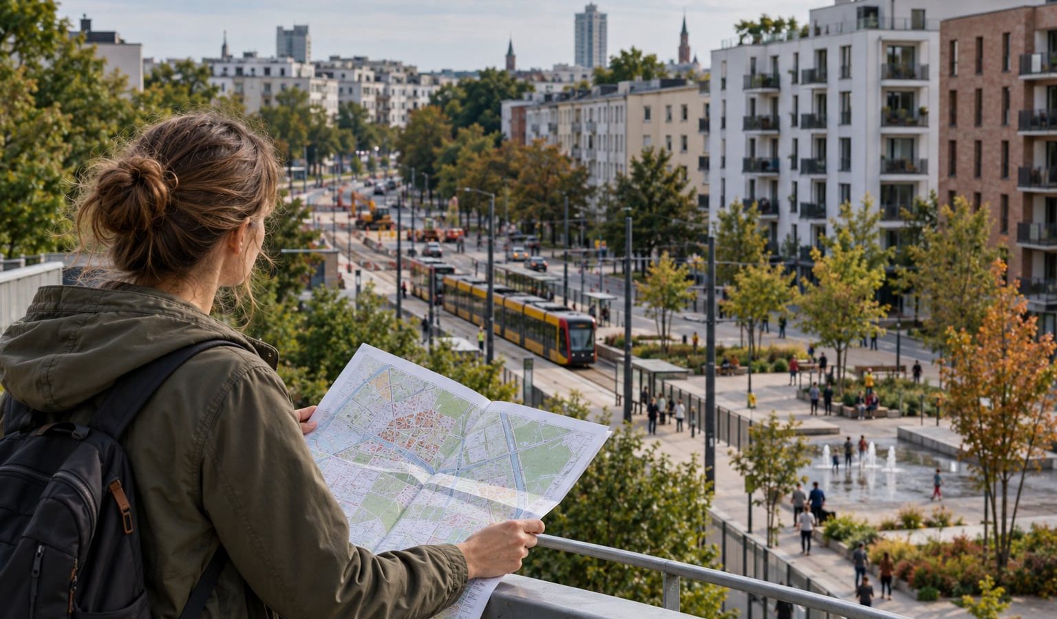 Mieszkanka analizuje mapę zmian na tle miejskiego sąsiedztwa