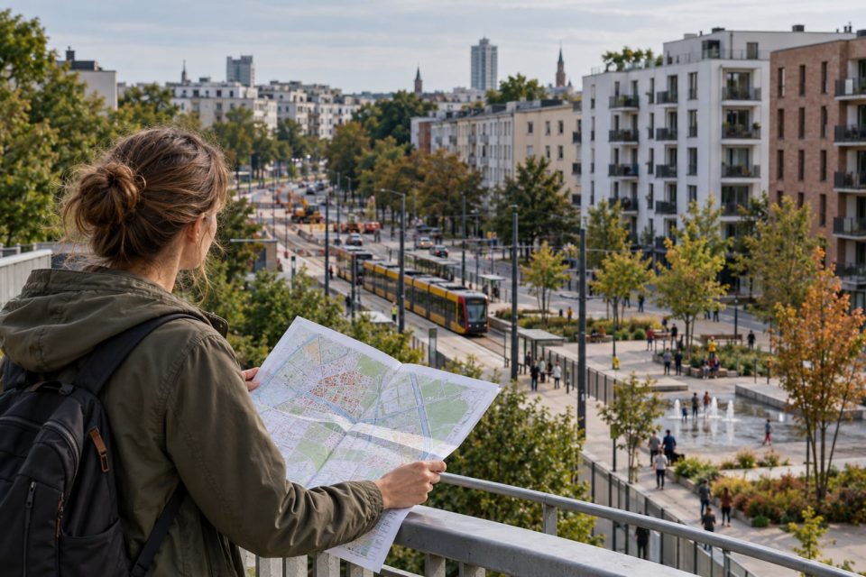 Mieszkanka analizuje mapę zmian na tle miejskiego sąsiedztwa