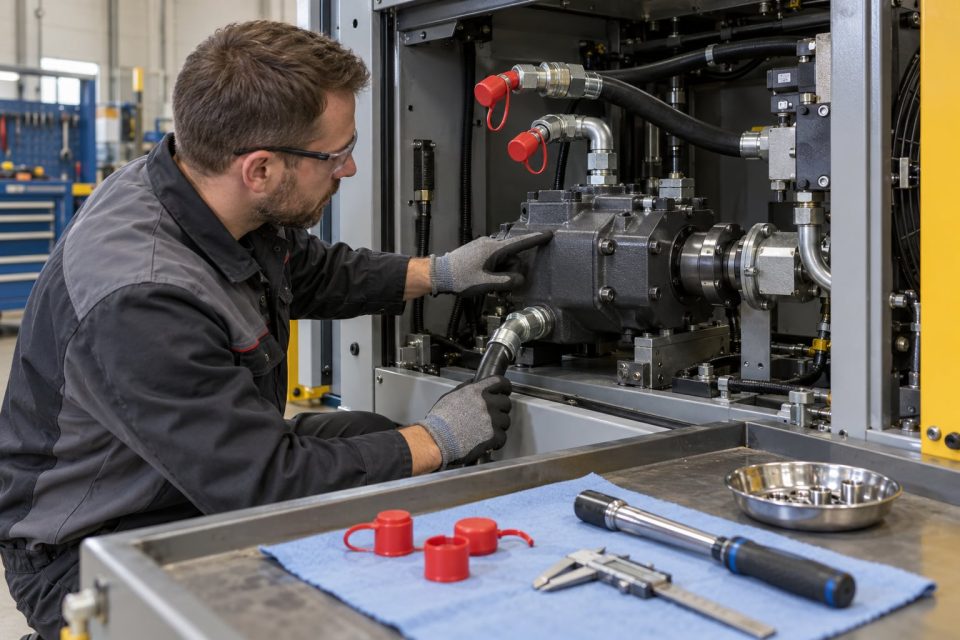 Serwisant identyfikuje pompę łopatkową i przyłącza układu hydraulicznego