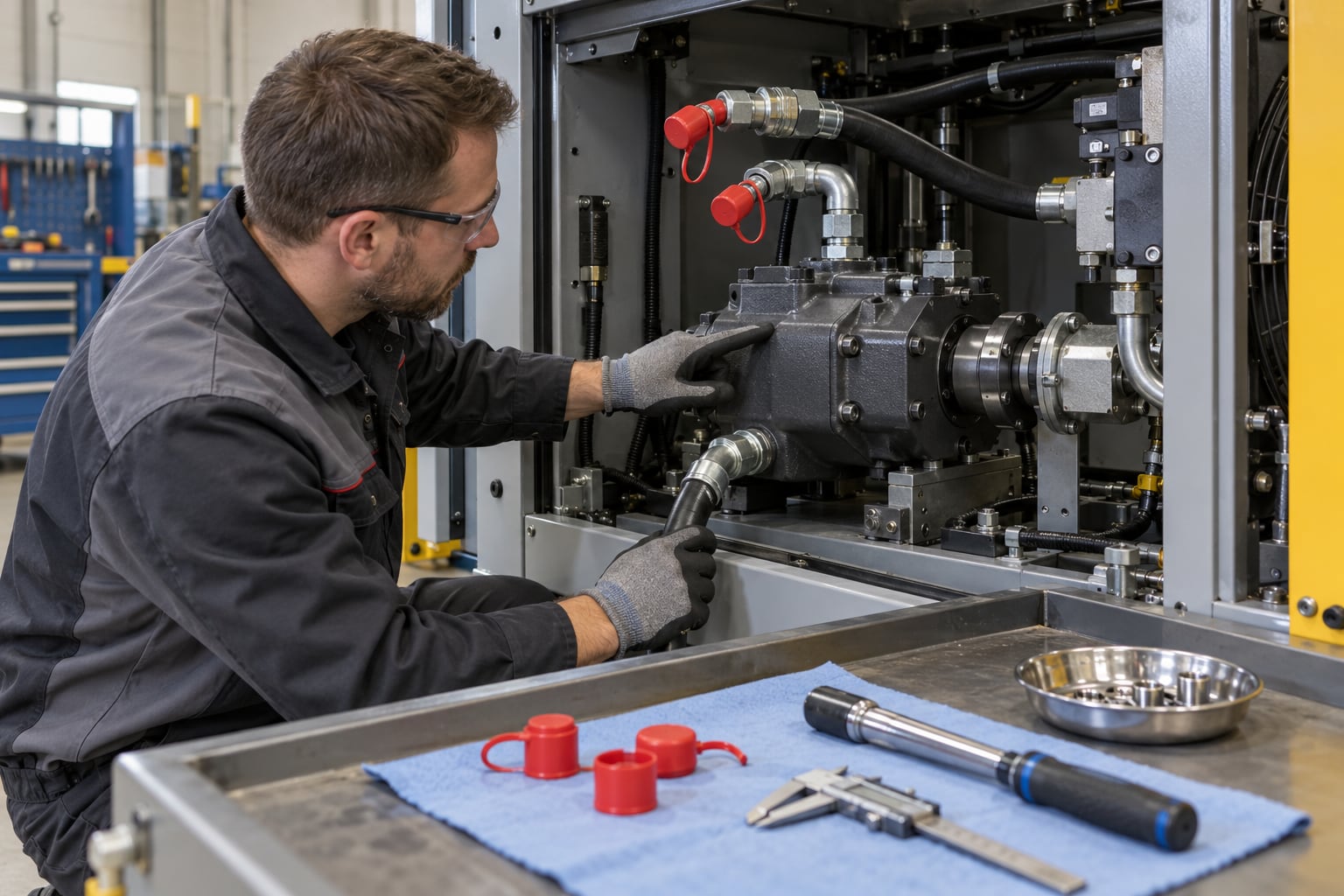 Serwisant identyfikuje pompę łopatkową i przyłącza układu hydraulicznego