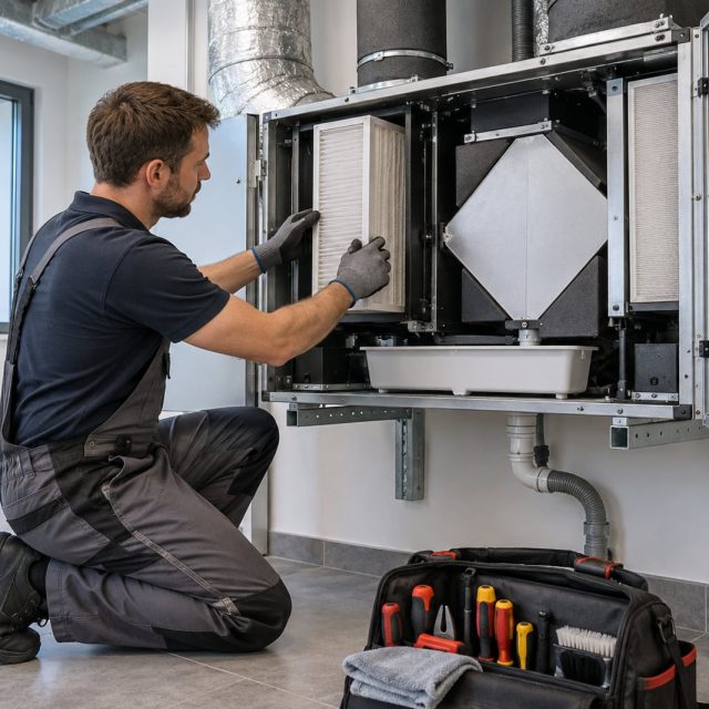 Technik kontroluje filtry, odpływ skroplin i dostęp serwisowy centrali rekuperacyjnej w małym biurze