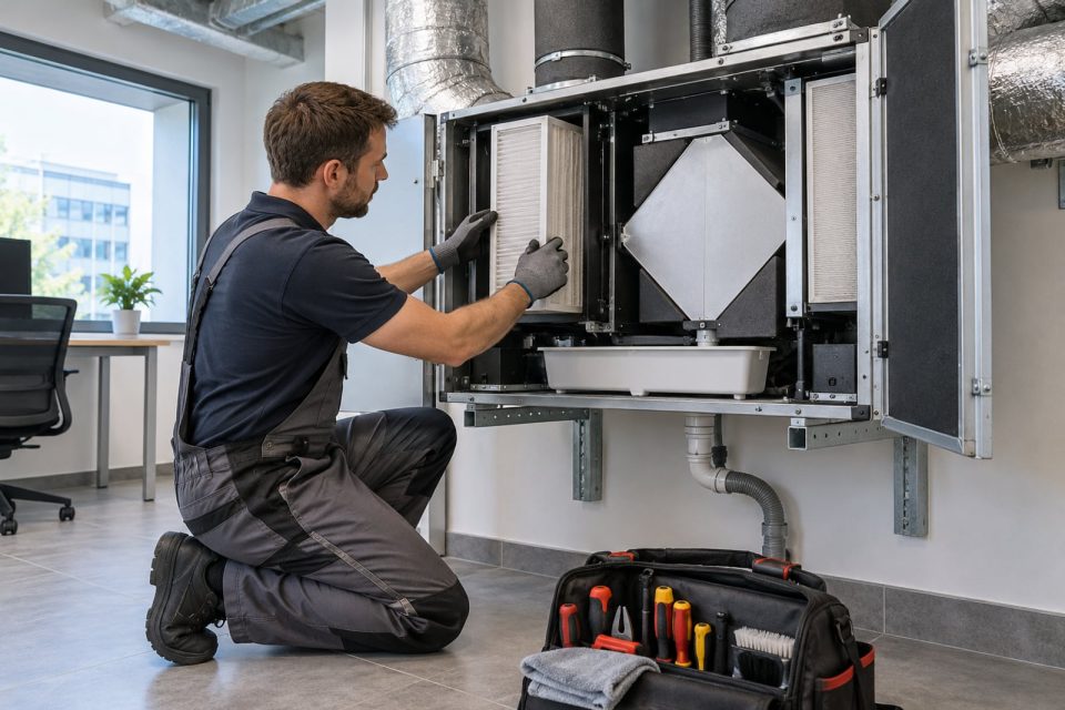 Technik kontroluje filtry, odpływ skroplin i dostęp serwisowy centrali rekuperacyjnej w małym biurze