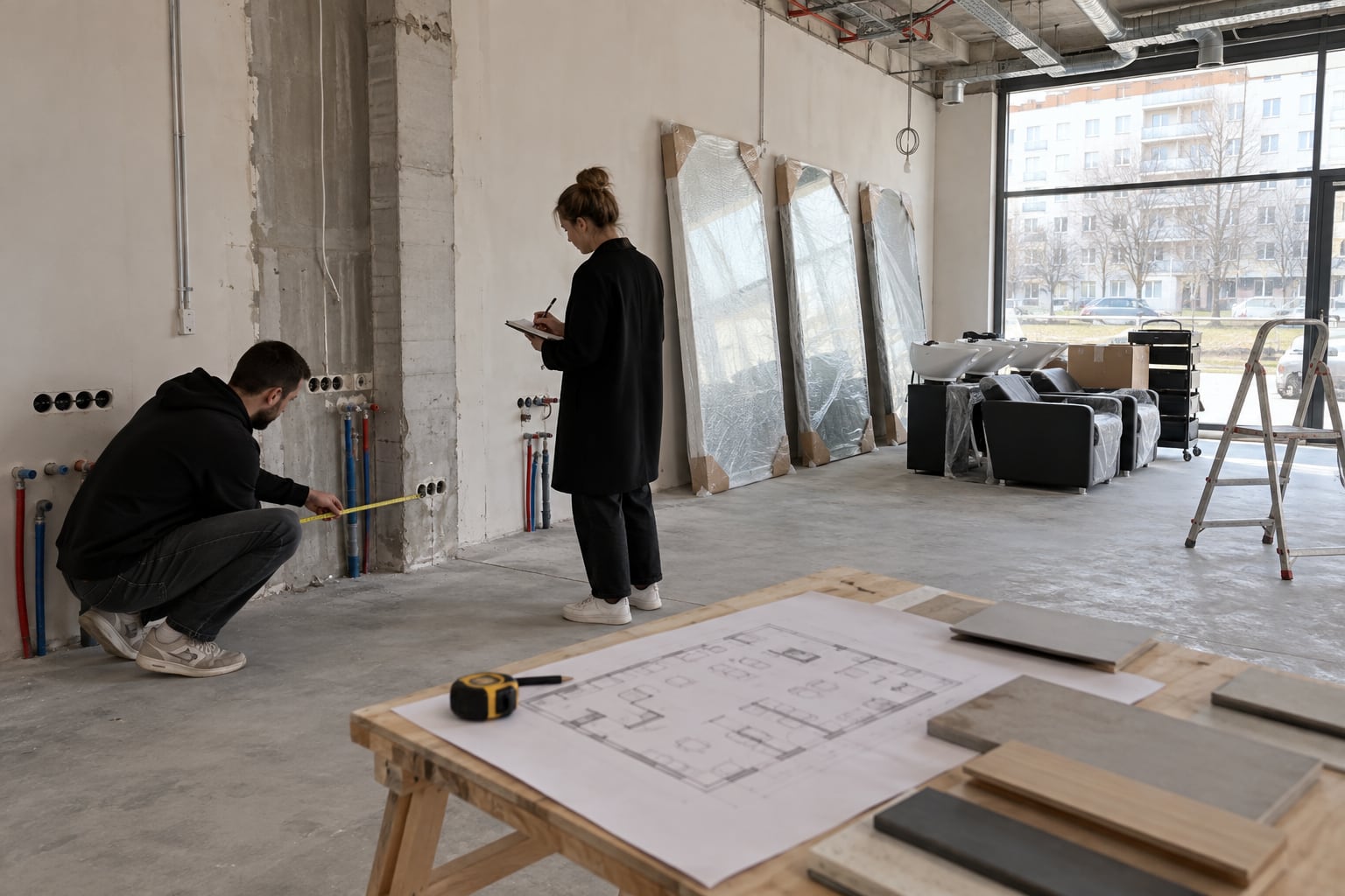 Pomiary punktów wodnych i instalacji przed adaptacją salonu