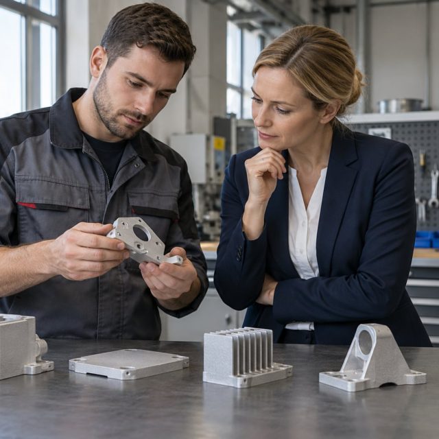 Technik porównuje satynowe próbki aluminiowych detali po szkiełkowaniu