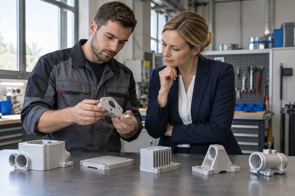 Technik porównuje satynowe próbki aluminiowych detali po szkiełkowaniu
