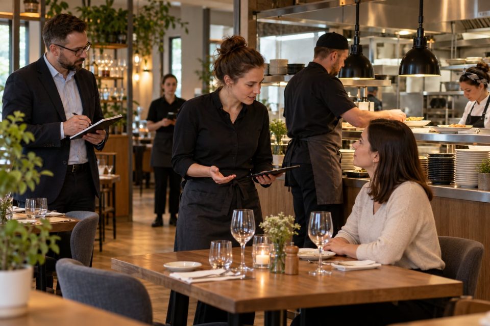 Zespół ćwiczy pełny przebieg obsługi gościa przed otwarciem restauracji