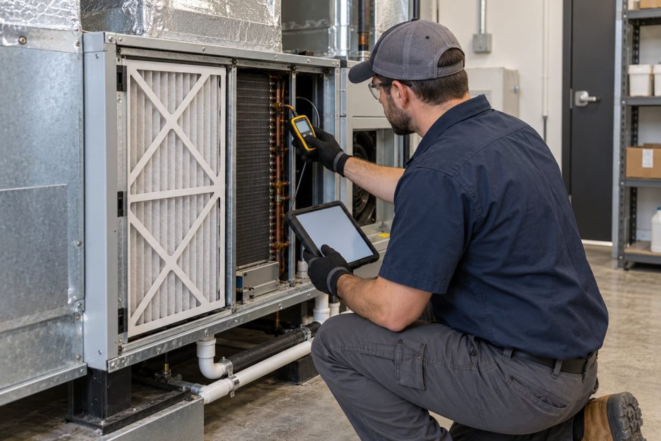 Technik inwentaryzuje urządzenie HVAC i dostęp serwisowy w lokalu