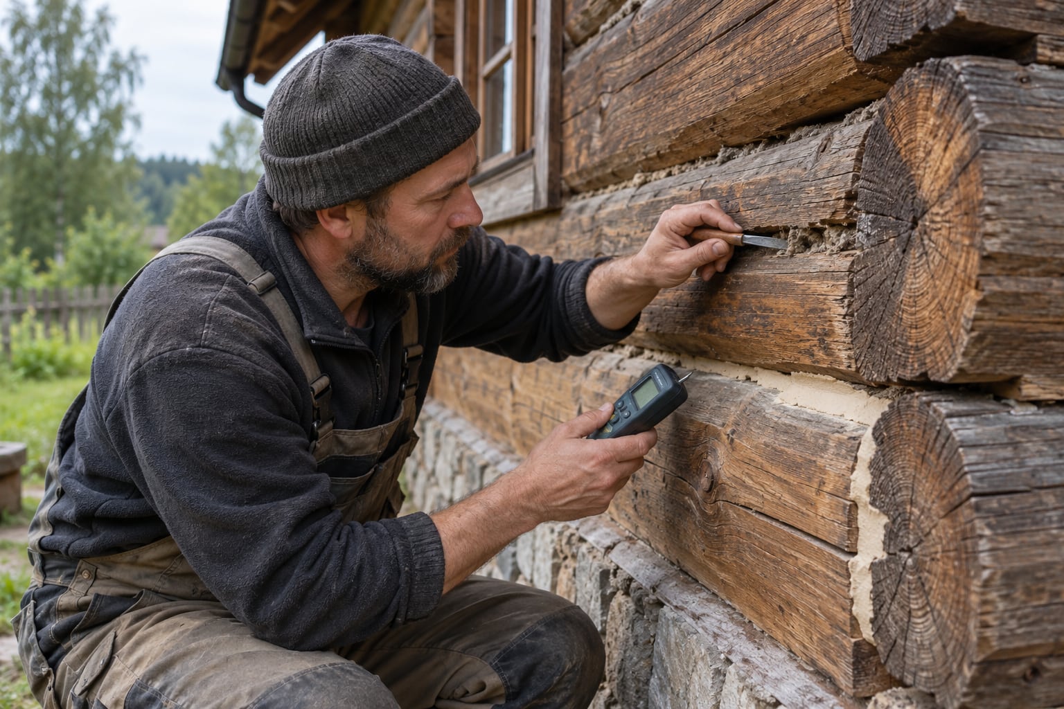 Diagnoza uszkodzonej spoiny między balami drewnianego domu