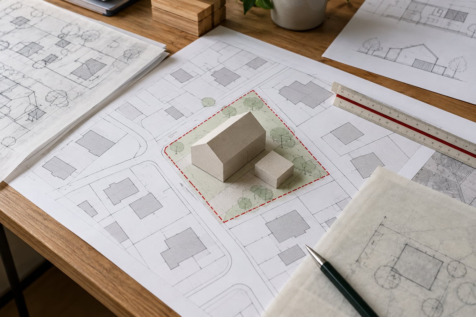 Model planowanego domu na mapie działki